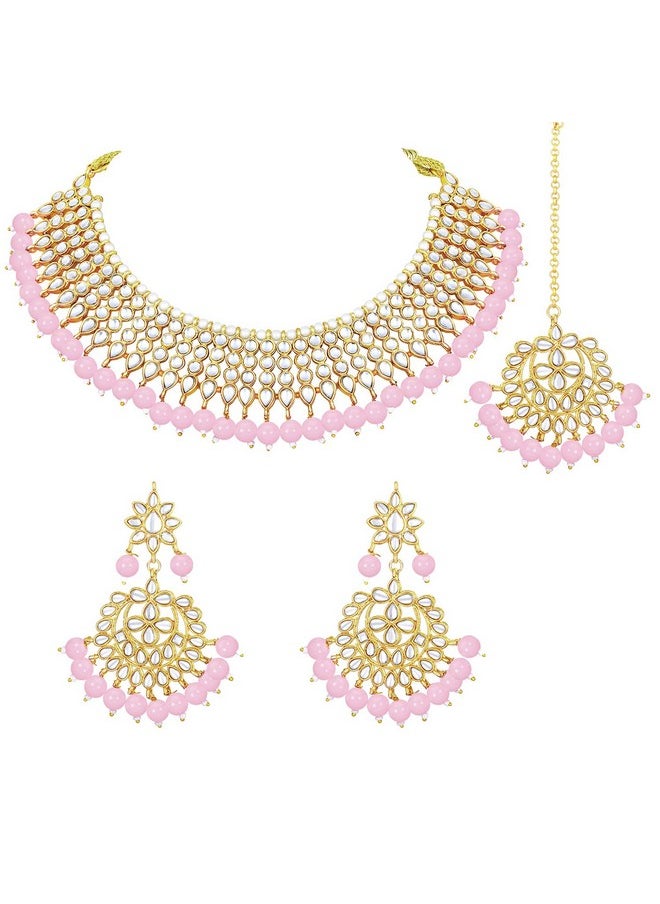 Aheli Elegant Indian Wedding Wear Faux Beaded Necklace Earrings With Maang Tikka Bollywood Fashion Ethnic Jewelry Set For Women  - Image 3