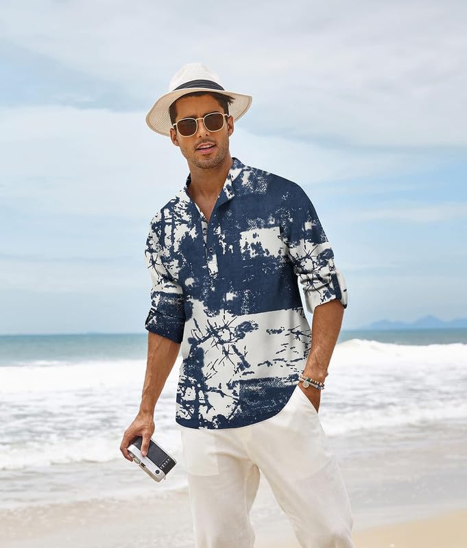 Bellstone Men's Cotton Blend Full Sleeve Printed Short Kurta with Mandarin Collar Crafted from a Premium Cotton Blend Navy Blue - Image 2