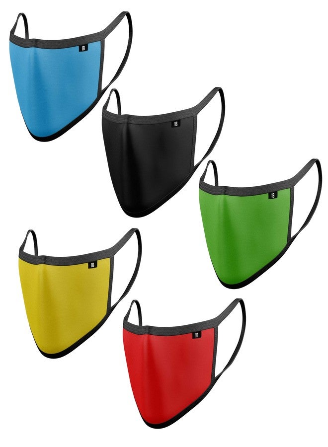 iberry's 2 Ply Fabric Mask Mouth Nose Cover Anti-Dust/Pollution Reusable - Pack of 5 (Red, Black, Yellow, Green, Blue) - Image 1
