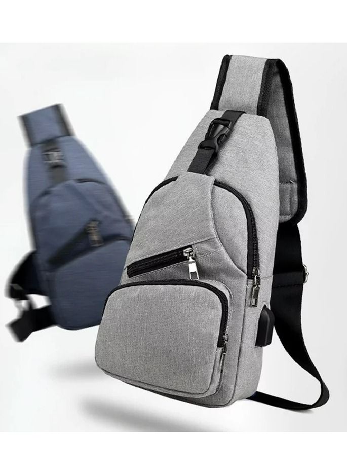 Casual Men Outdoor Crossbody Shoulder Chest Pouch Sling Bag with USB Charge Port,Grey  - Image 3