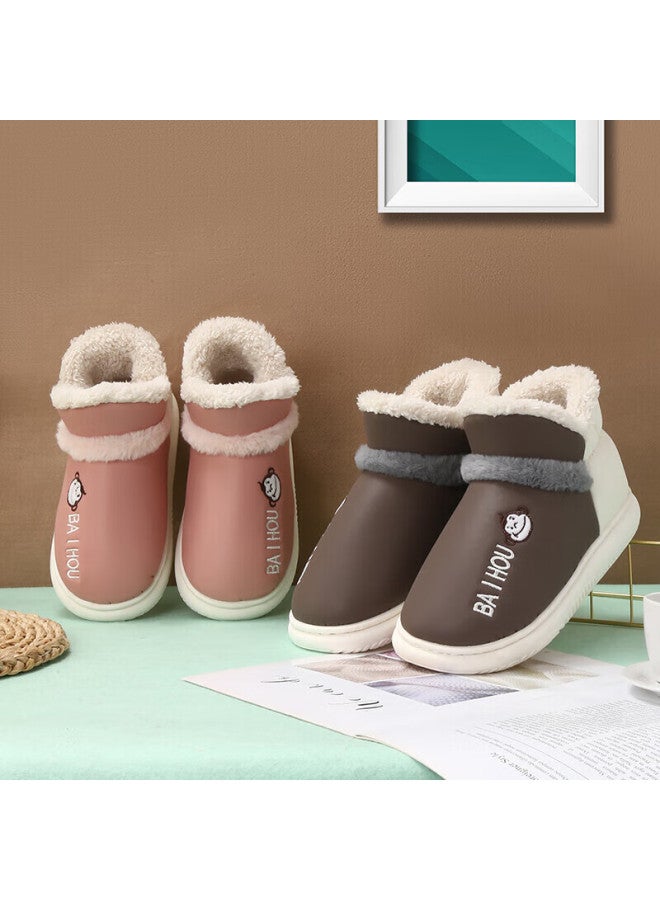 Baihou Pu Leather High-top Cotton Slippers For Men And Women, Closed-back Home Couple Style Plush Warm Cotton Shoes, Dark Brown 38-39 - Image 5