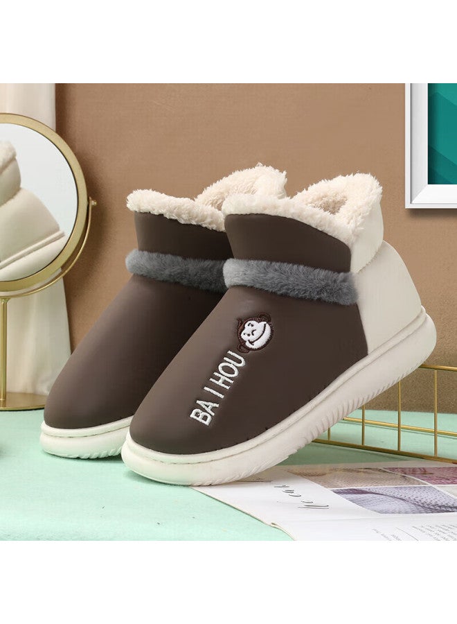 Baihou Pu Leather High-top Cotton Slippers For Men And Women, Closed-back Home Couple Style Plush Warm Cotton Shoes, Dark Brown 38-39 - Image 3