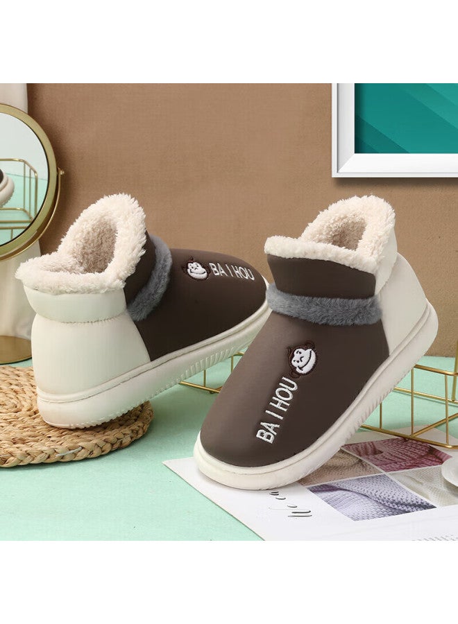 Baihou Pu Leather High-top Cotton Slippers For Men And Women, Closed-back Home Couple Style Plush Warm Cotton Shoes, Dark Brown 38-39 - Image 2