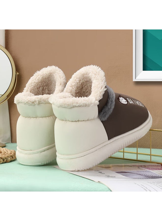 Baihou Pu Leather High-top Cotton Slippers For Men And Women, Closed-back Home Couple Style Plush Warm Cotton Shoes, Dark Brown 38-39 - Image 4