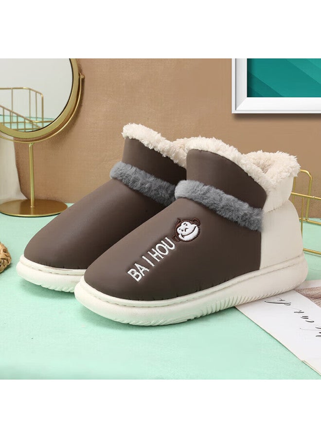 Baihou Pu Leather High-top Cotton Slippers For Men And Women, Closed-back Home Couple Style Plush Warm Cotton Shoes, Dark Brown 38-39 - Image 1