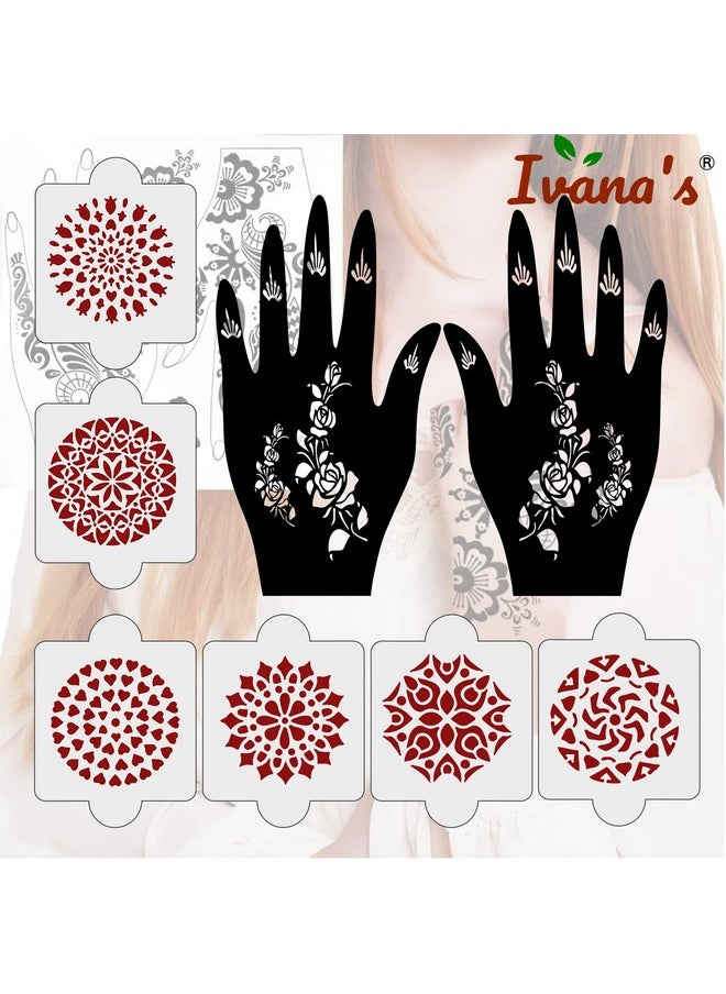 ivana's - Pack Of 8 Pcs (2 Pcs Heena Stencil Tatto + 6 Pcs Laser Cut Pvc Reusable Heena Stencils), Heena Mehandi Sticker, Mehandi Stickers For Full Hand For Women, Girls And Kids, Easy To Apply, Ivh-49 - Image 1