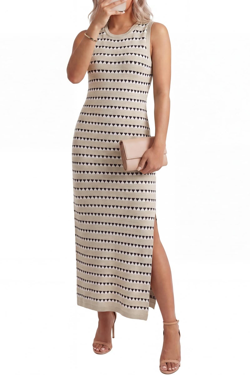 OUGES Women's 2026 Summer Maternity Dress for Photoshoot Baby Shower Midi Dress Sleeveless Crewneck Side Slit Bodycon Striped Knit Sweater Dress(Almond White Striped,M) - Image 1