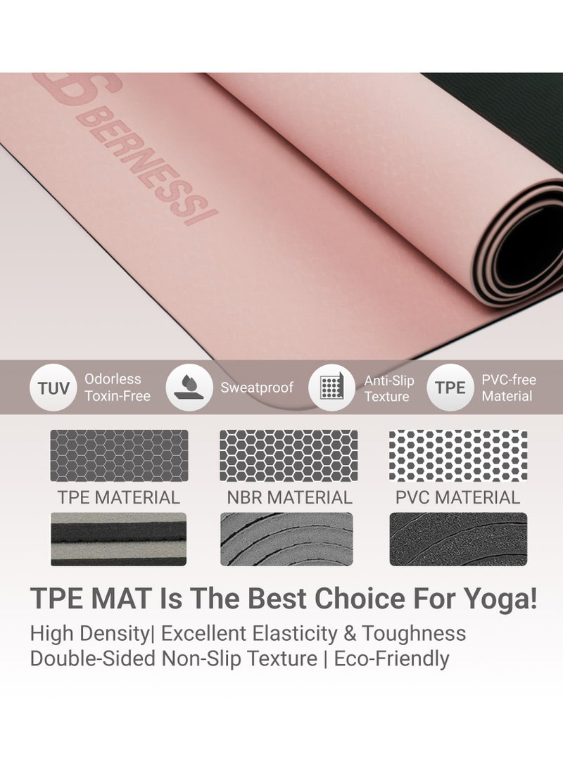 Bernessi - 8MM Yoga Mat with Carrying Strap Anti-Slip for Home Workout Exercises Meditation Eco Friendly, Non Skid TPE Yoga Mattres for Pilates 183x61x0.8cm Thick, Pink/Black Color - Image 1