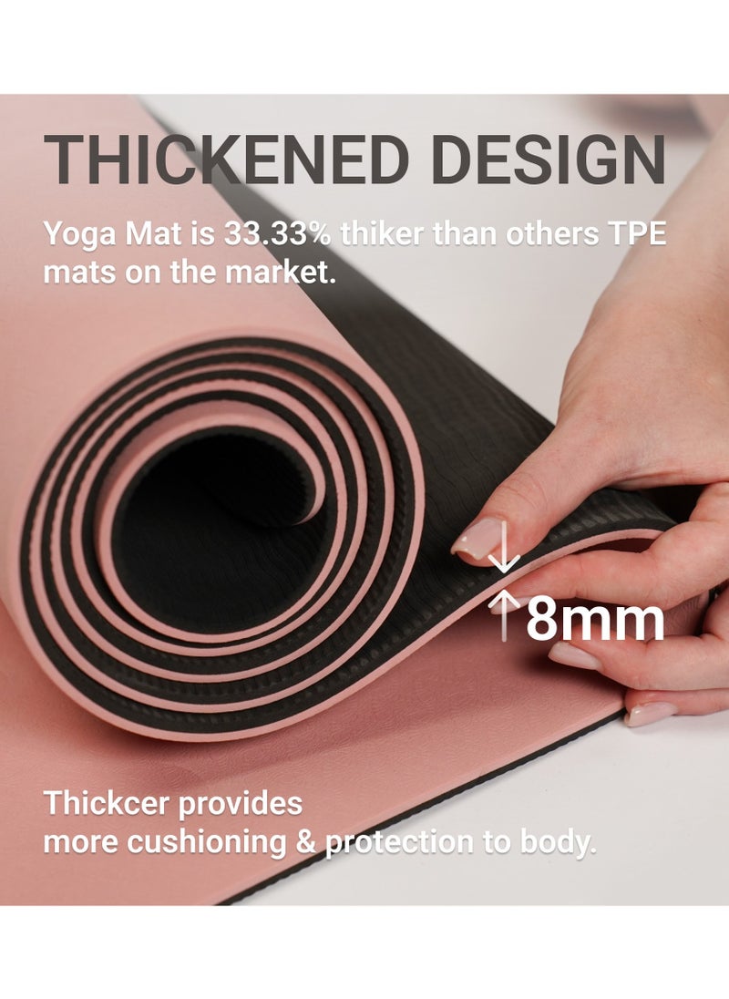 Bernessi - 8MM Yoga Mat with Carrying Strap Anti-Slip for Home Workout Exercises Meditation Eco Friendly, Non Skid TPE Yoga Mattres for Pilates 183x61x0.8cm Thick, Pink/Black Color - Image 1