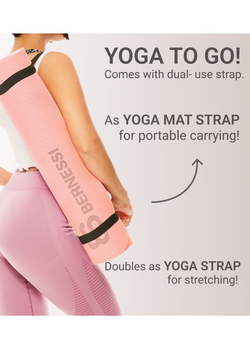 Bernessi - 8MM Yoga Mat with Carrying Strap Anti-Slip for Home Workout Exercises Meditation Eco Friendly, Non Skid TPE Yoga Mattres for Pilates 183x61x0.8cm Thick, Pink/Black Color - Image 1