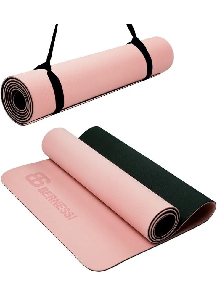 Bernessi 8MM Yoga Mat with Carrying Strap Non Slip for Home Workout Exercise Meditation Eco Friendly, Non Skid TPE Yoga Mattres for Pilates 183x61x0.8cm Thick, Pink/Black - Image 1
