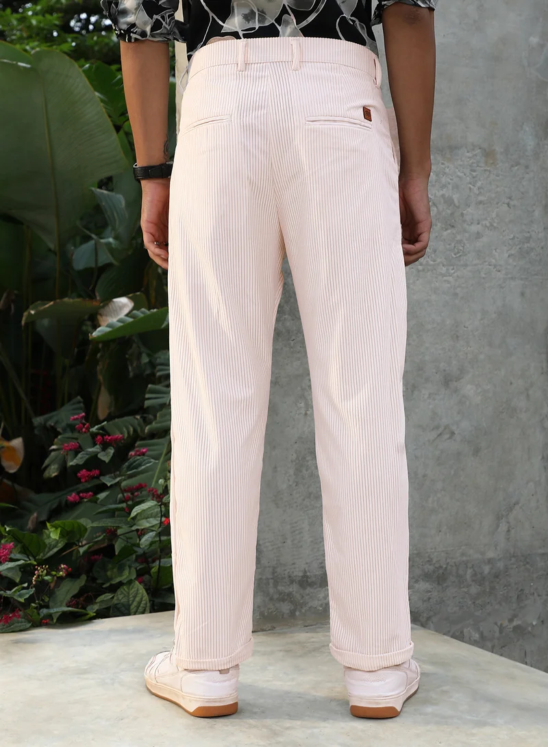 Campus Sutra Campus Sutra Men Corduroy Tailored Trousers | Textured Slim Fit With Pleated Front & Folded Hem | Durable Poly Blend For Everyday Casual Wear & Relaxed Office Outings | Cloud White