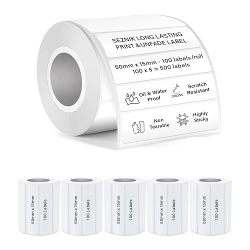 SEZNIK Waterproof, Non-Tearable, Sticky Thermal Lables, Label Roll, 2 inch Adhesive Thermal Labels for Label Printers (50mmx15mm - 500 Lables), 500 Labels - Image 1