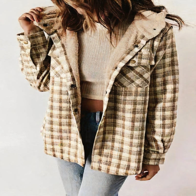 Women's Plaid Casual Long Sleeve Hooded Jacket with Pockets - Image 3