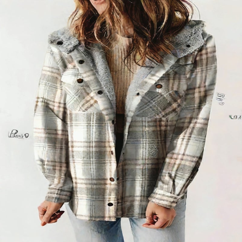 Women's Plaid Casual Long Sleeve Hooded Jacket with Pockets - Image 2