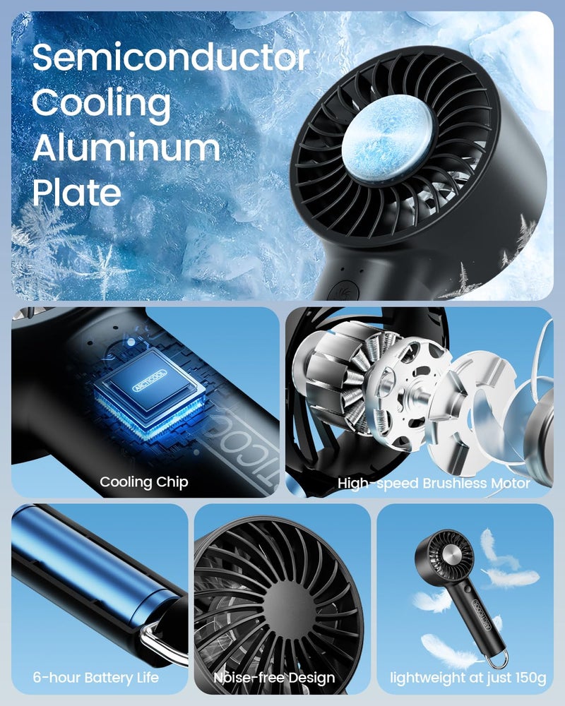 ARCTICOOL Ice-Cool Portable Mini Fan with Semiconductor Cooling Tech - 7500RPM Rechargeable Handheld Fan with Buckle, 2000mAh Battery, Pocket-Sized Cooling for Makeup, Travel, and Outdoor Use (Black) - Image 2