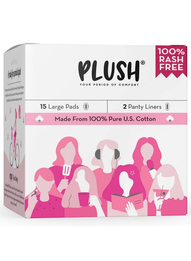 Plush Ultra-Thin Large Sanitary Pads For Women, 15 Pcs | For Light-Medium Flow | 2 Panty Liners | 100% Rash-Free | Pure U.S. Cotton Pads | Affordable Sanitary Pads  - Image 1