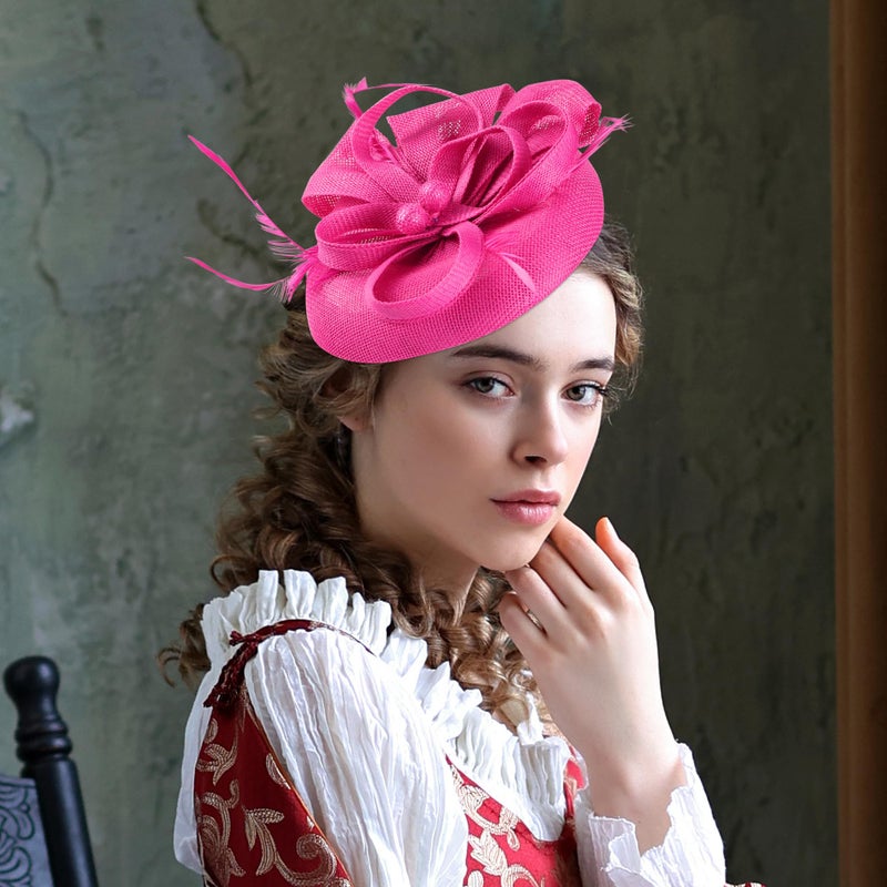 Zinniday Hot Pink Kentucky Hat - 2026 Elegant Tea Party Derby Fascinators 1920s 50s Victoria Hats with Hair Clip Feather for Women Lady Girls Cocktail Ball Cosplay Party Costume Headwear - Image 3