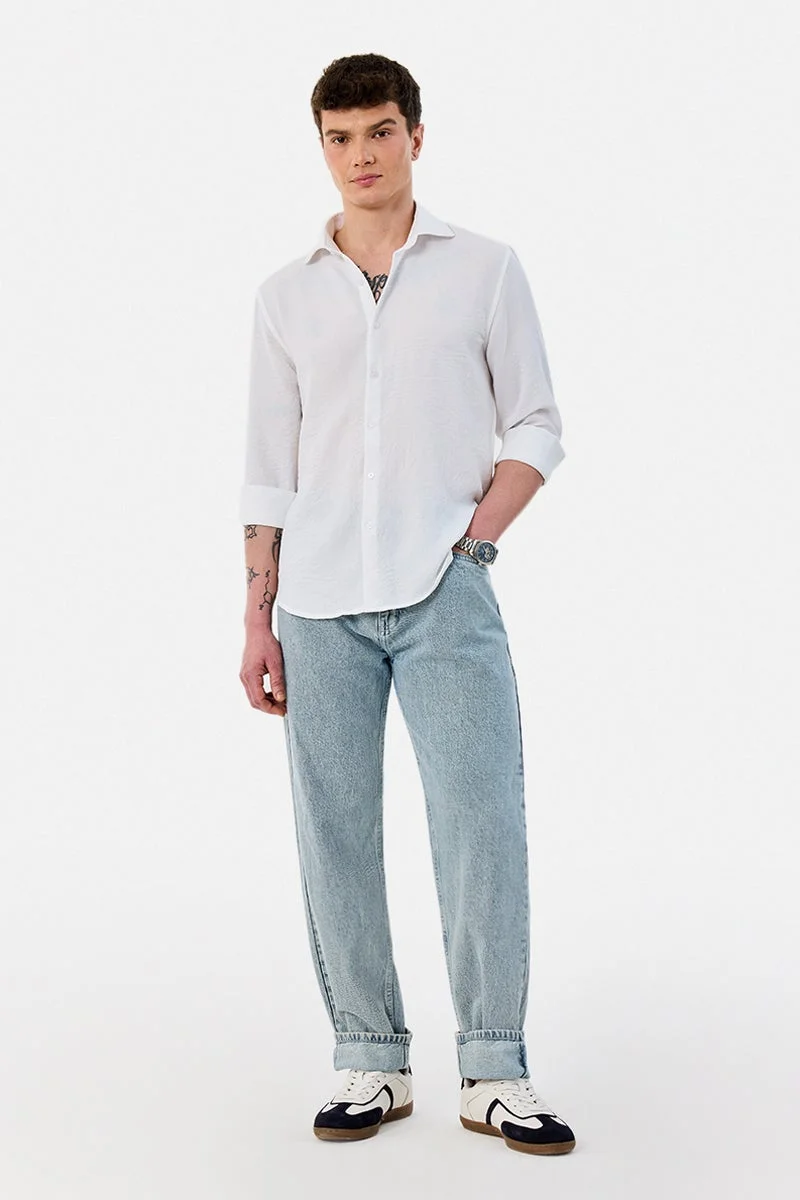 سنيتش White Textured Long Sleeve Slim Fit Casual Shirt
