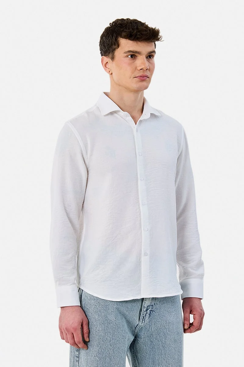 سنيتش White Textured Long Sleeve Slim Fit Casual Shirt