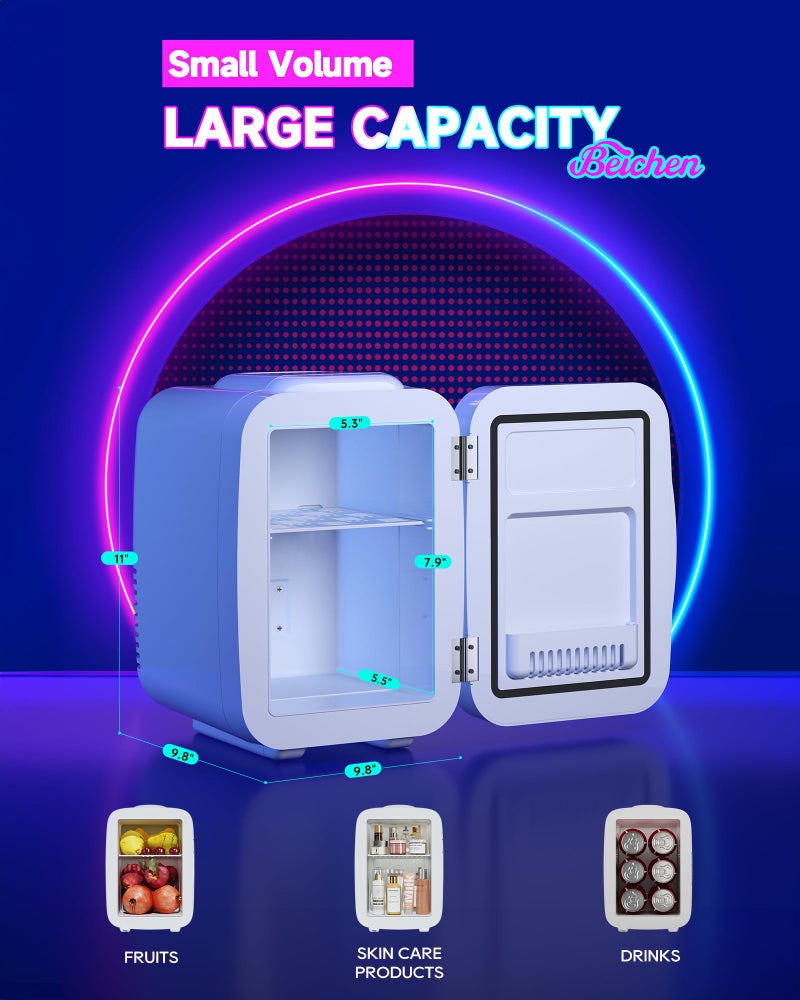 BEICHEN Mini Fridge, 4 Liter/6 Cans Small Refrigerator With Dimmable LED Light,AC/DC Portable Thermoelectric Cooler and Warmer Gaming mini fridge for Bedroom,Office,Gaming room and Car (White) - Image 3