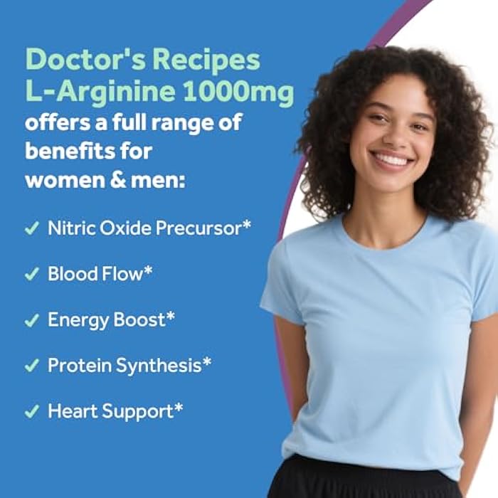 Doctor's Recipes L-Arginine 1000mg, Maximum Dose, Nitric Oxide Production, Blood Flow and Vascular Function, Endurance and Workout Support for Men and Women, 120 Coated Tablets - Image 3