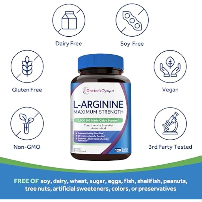 Doctor's Recipes L-Arginine 1000mg, Maximum Dose, Nitric Oxide Production, Blood Flow and Vascular Function, Endurance and Workout Support for Men and Women, 120 Coated Tablets - Image 5
