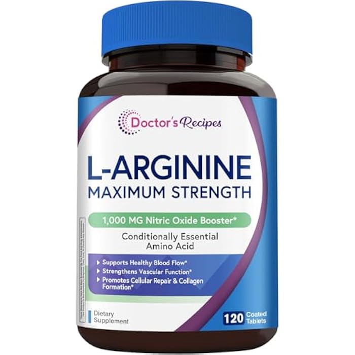 Doctor's Recipes L-Arginine 1000mg, Maximum Dose, Nitric Oxide Production, Blood Flow and Vascular Function, Endurance and Workout Support for Men and Women, 120 Coated Tablets - Image 1