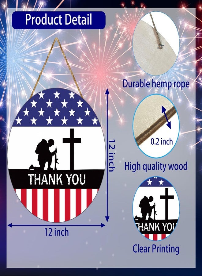 YUNKKIN Memorial Day Decorations Patriotic Wreath American Soldier Thank You Hanging Sign Memorial Day Wreaths for Front Door Wooden Front Door Hanger 4th of July Decorations for Porch Wall Indoor Home Decor - Image 2