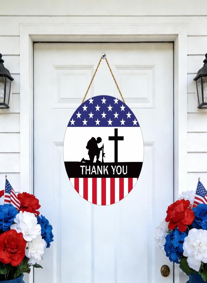 YUNKKIN Memorial Day Decorations Patriotic Wreath American Soldier Thank You Hanging Sign Memorial Day Wreaths for Front Door Wooden Front Door Hanger 4th of July Decorations for Porch Wall Indoor Home Decor - Image 3