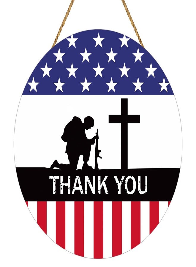 YUNKKIN Memorial Day Decorations Patriotic Wreath American Soldier Thank You Hanging Sign Memorial Day Wreaths for Front Door Wooden Front Door Hanger 4th of July Decorations for Porch Wall Indoor Home Decor - Image 1