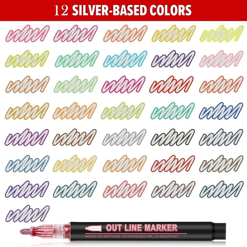 Amitasha Amitasha 12 Colorful Outline Markers Metallic Glitter Pen Set For Painting, Greeting Cards, Glass, Mug, Scrapbook Crafts, Fabric, Fine Ideal Art  - Image 3