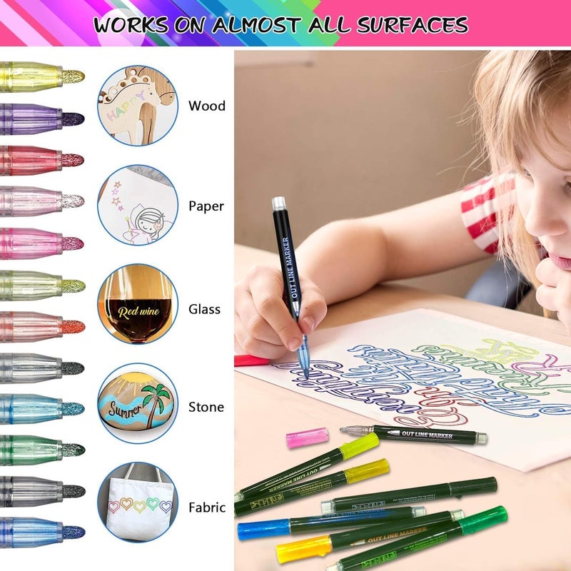 Amitasha Amitasha 12 Colorful Outline Markers Metallic Glitter Pen Set For Painting, Greeting Cards, Glass, Mug, Scrapbook Crafts, Fabric, Fine Ideal Art  - Image 5