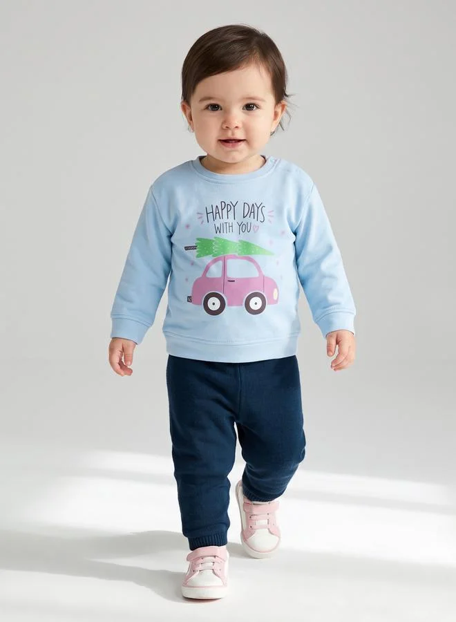 ستايلي سويت شيرت قطني بطبعة جرافيك للفتيات الرضع - أزرق فاتح