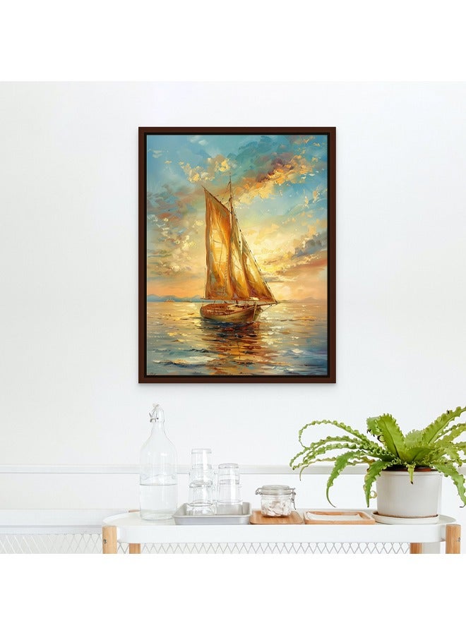آرت دیکور  ديكور فني مؤطر قماش جدار الفن من لوحة قارب الإبحار مع صورة غروب الشمس الذهبية لون محايد طباعة جدار ديكور للمنزل مكتب غرفة المعيشة غرفة نوم الهدايا - Image 3