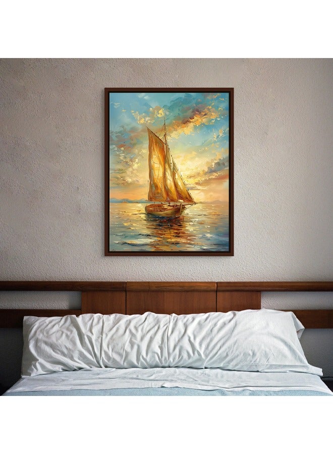 آرت دیکور  ديكور فني مؤطر قماش جدار الفن من لوحة قارب الإبحار مع صورة غروب الشمس الذهبية لون محايد طباعة جدار ديكور للمنزل مكتب غرفة المعيشة غرفة نوم الهدايا - Image 2