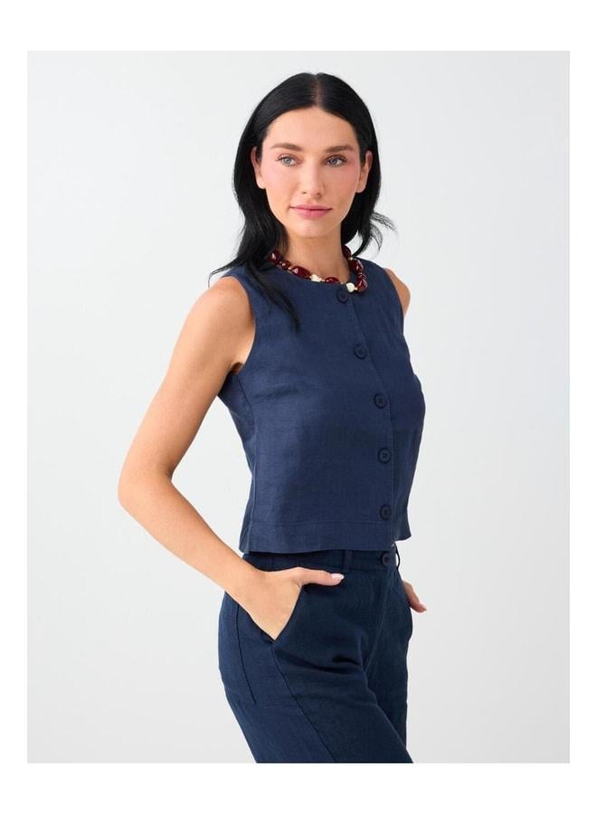 Jimmy Key Navy %100 Linen Slim Fit Woven Vest. - Image 3