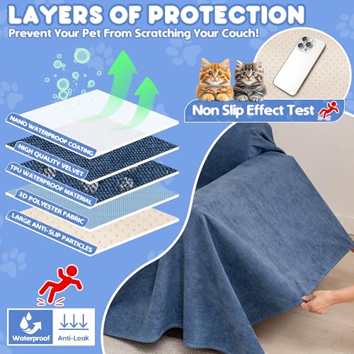 Loiion Cat Scratch Furniture Protector - Anti-Slip, Waterproof Sofa Cover to Keep Cats Off, Pet-Friendly Couch Protectors for 3 Cushion Couch, Anti-Scratch Couch Cover for Pets and Kids 118"X71"Navy Blue - Image 5