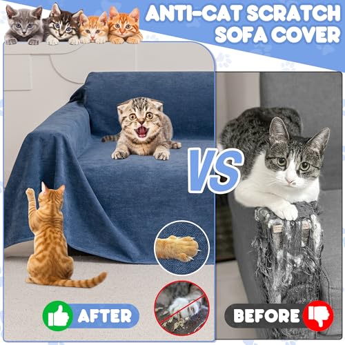 Loiion Cat Scratch Furniture Protector - Anti-Slip, Waterproof Sofa Cover to Keep Cats Off, Pet-Friendly Couch Protectors for 3 Cushion Couch, Anti-Scratch Couch Cover for Pets and Kids 118"X71"Navy Blue - Image 2