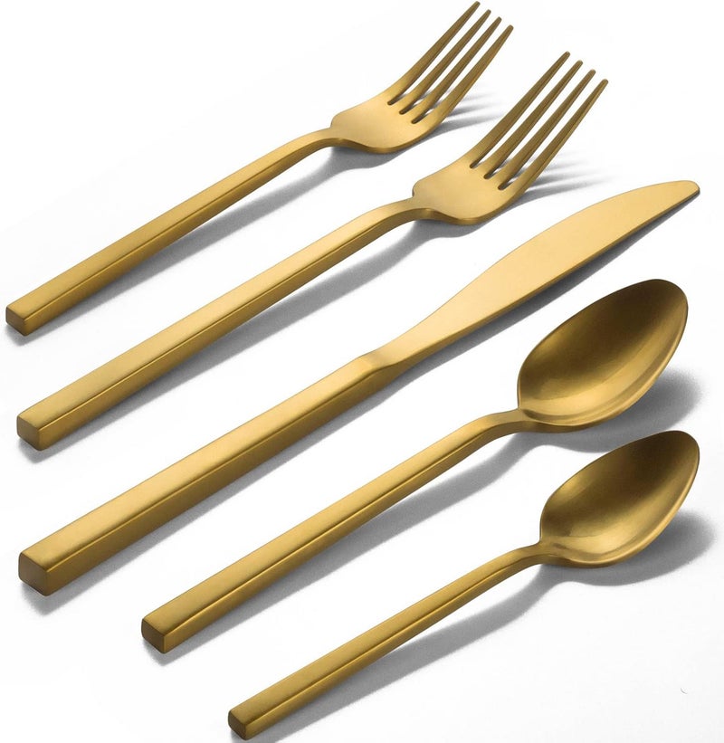 Alata Cube Gold 20Piece Flatware Set Forged Cutlery Set Matte Gold Silverware Service for 4 Stainless Steel Tableware with Square Handle for HomeRestaurant Dishwasher Safe - Image 1