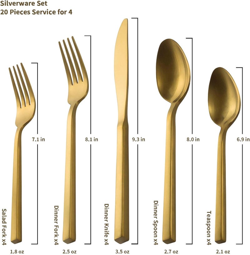 Alata Cube Gold 20Piece Flatware Set Forged Cutlery Set Matte Gold Silverware Service for 4 Stainless Steel Tableware with Square Handle for HomeRestaurant Dishwasher Safe - Image 4