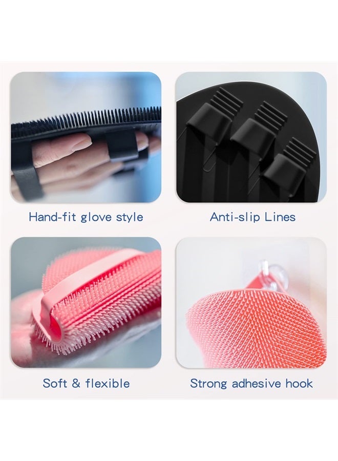 Manmihealth Soft Silicone Shower Brush, Super-Lathering and Deep-Cleaning Body & Face Scrubber, Gentle Exfoliating Bath Glove for All Skin Types, with 2 Free Hooks.(Black + Pink)