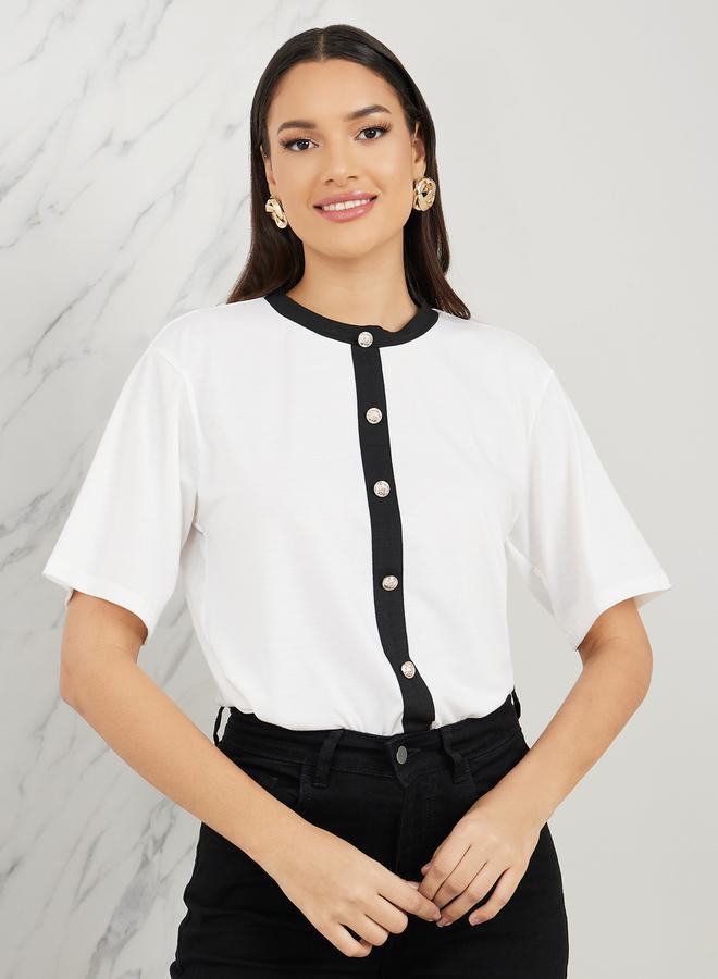 Styli Contrast Ribbed Boxy Fit T-Shirt  - Image 1