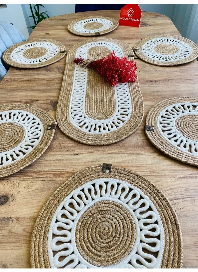 BDZ Deri BDZ Leather Jute Wicker American Service Plate and Basket 7 Pieces