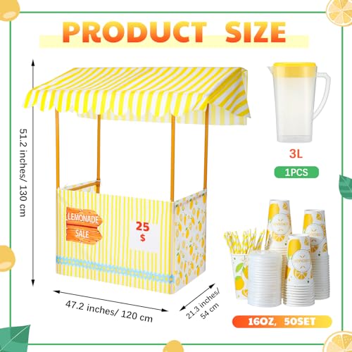 Jingmore 53 Sets Lemonade Stand Supplies Kit Include 47 x 51 Lemonade Stand Table Cover and 50 Pcs Disposable Cups Lids Straws Pitcher for Community charity Activities Party (Stand Included)(Lovely) - Image 2
