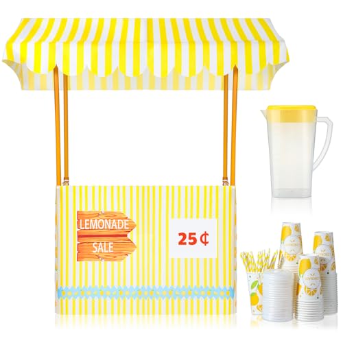 Jingmore 53 Sets Lemonade Stand Supplies Kit Include 47 x 51 Lemonade Stand Table Cover and 50 Pcs Disposable Cups Lids Straws Pitcher for Community charity Activities Party (Stand Included)(Lovely) - Image 1