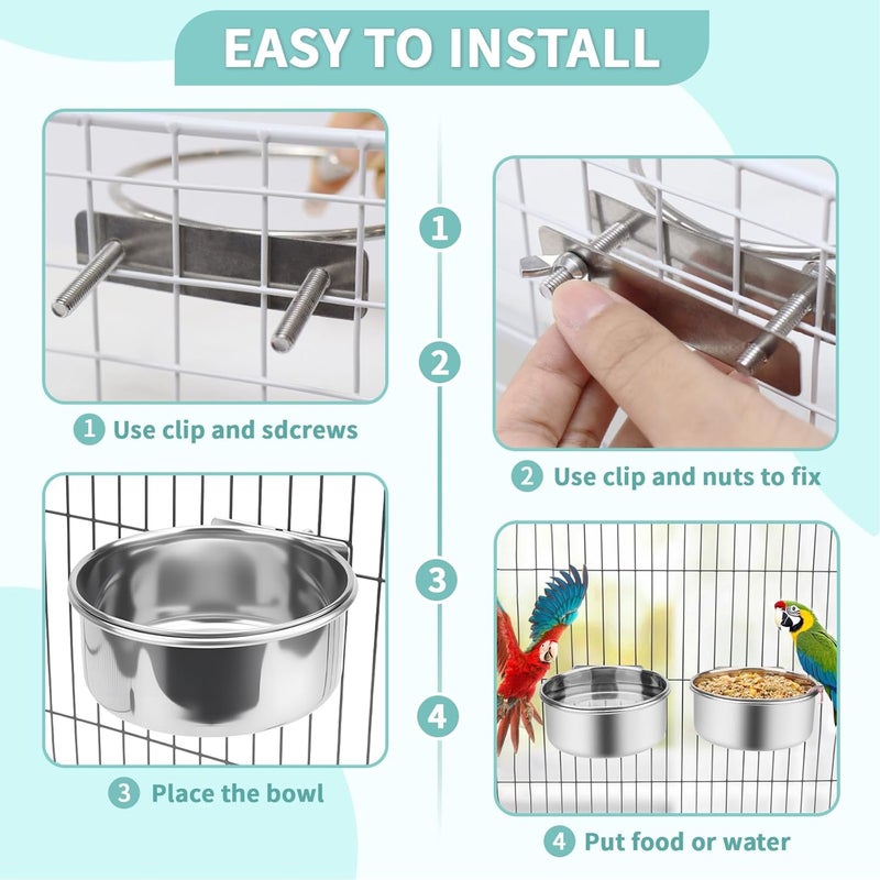 قطعتان من أطباق تغذية الطيور مع 3 قطع من حوامل الطعام للقفص، وأوعية طعام وماء الببغاء وعصا فواكه وخضروات لعبة البحث عن الطعام، مغذيات طيور من الفولاذ المقاوم للصدأ للحيوانات الصغيرة - فضي، 5 قطع - Image 5