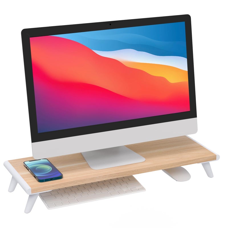 loukin Monitor Stand Riser for Desk, 22.4" x 8.3" Larger Computer Stand for Laptop, PC, Printer, Sturdy Desktop Computer Shelf with Non-Skid Rubber, Home Office, Natural Wood - Image 1