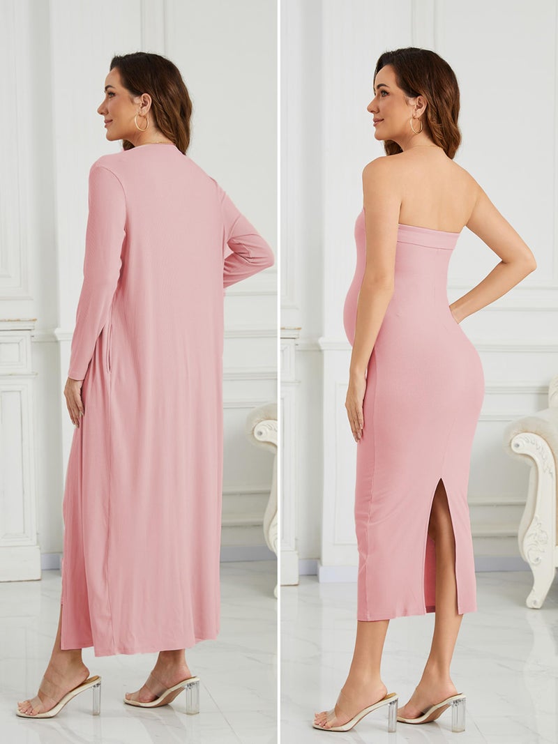 Ecavus Maternity Tube Dress Long Cardigan 2 Piece for Baby Shower and Wedding Guest Ribbed Maternity Photoshoot Dresses Pink - Image 5