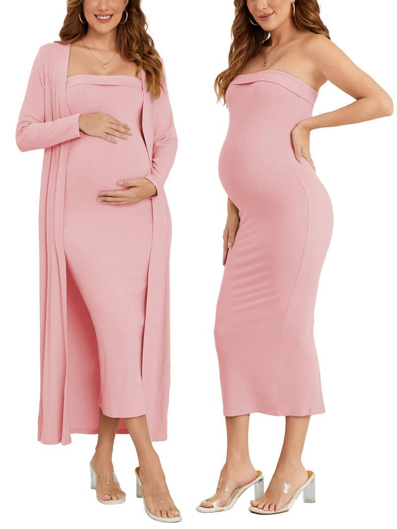 Ecavus Maternity Tube Dress Long Cardigan 2 Piece for Baby Shower and Wedding Guest Ribbed Maternity Photoshoot Dresses Pink - Image 1